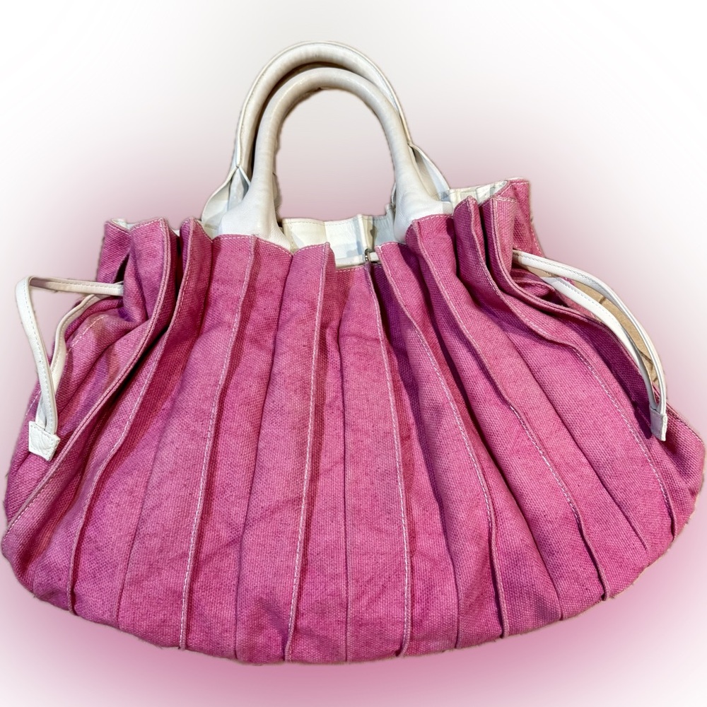 LUPO Barcelona Chic Pink Denim Pleated Tote Bag, inspired by Gaudis design